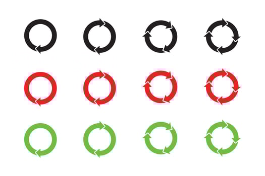 Circle arrow icon set. Symbol of reload, refresh, loading, recycle and repeat. Interconnecting round arrow icons set. Work in progress sign. One, two, three, four arrow in the loop. vector