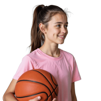 Young girl smiling while holding a basketball in a pink t shirt on a transparent background png