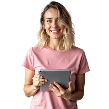 Young woman in a pink t shirt holding a tablet and smiling on a transparent background png