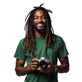 Man with dreadlocks holding a camera and smiling on a transparent background png