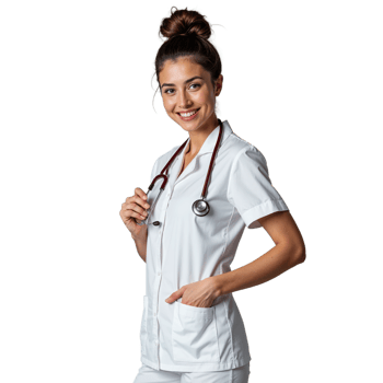Female doctor in a transparent coat holding a stethoscope and smiling on a transparent background png