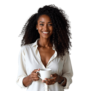 Smiling woman in a transparent shirt holding a coffee cup on a transparent background png