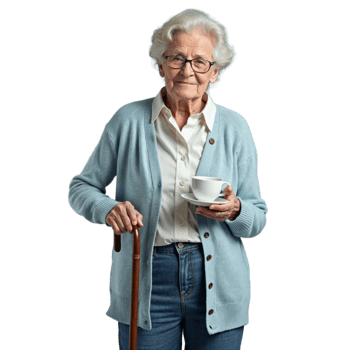 Elderly woman with glasses holding a cup and a cane, smiling gently on a transparent background png