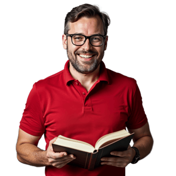 Man in red polo shirt holding a book and smiling broadly on a transparent background png