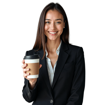 Smiling woman in a business suit holding a coffee cup on a transparent background png