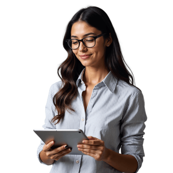 Woman with glasses holding a tablet and smiling while reading on a transparent background png