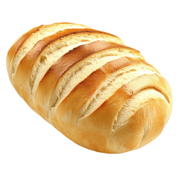 Freshly baked artisanal bread loaf with golden crust and soft interior, transparent png