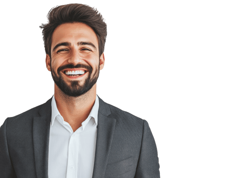 Smiling man in a suit showcasing confidence and professionalism, transparent png
