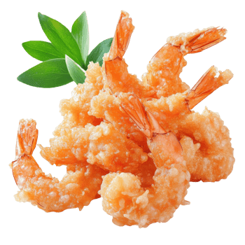 Crispy golden fried shrimp served with fresh green leaves, transparent png