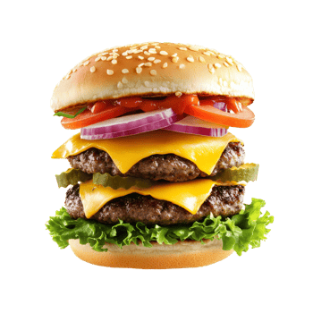 Triple cheese burger with fresh toppings and sesame seed bun, transparent png