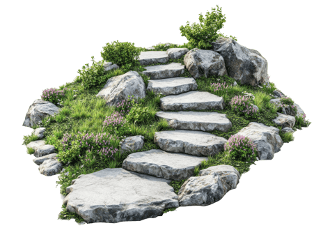 Natural stone pathway with greenery and steps in a tranquil garden, transparent png