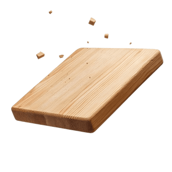Wooden cutting board with pieces flying in a kitchen setting, transparent png
