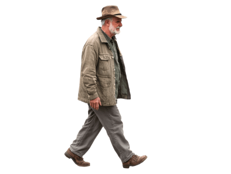 Man walking casually in outdoor setting wearing hat and jacket, transparent png