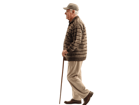 Elderly man walking with cane in casual attire at home, transparent png