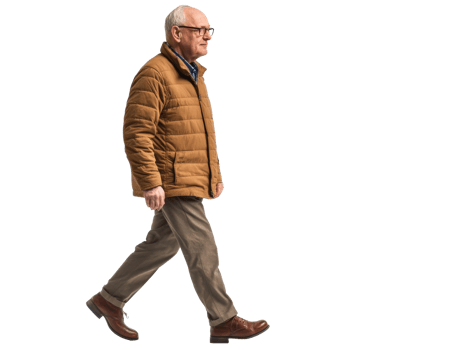 Elderly man walking in a brown jacket on a white background, transparent png