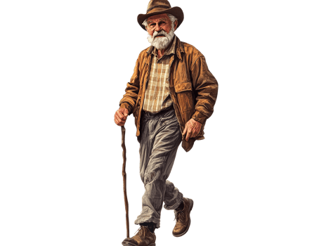 Elderly man in a plaid shirt walking with a cane during daytime, transparent png