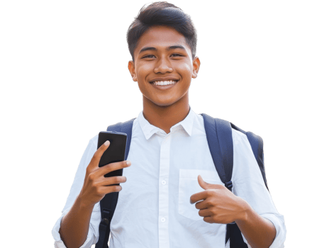 Cheerful student holding a smartphone on campus during the day, transparent png