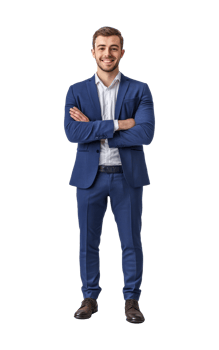 Smiling businessman in a blue suit standing confidently indoors, transparent png