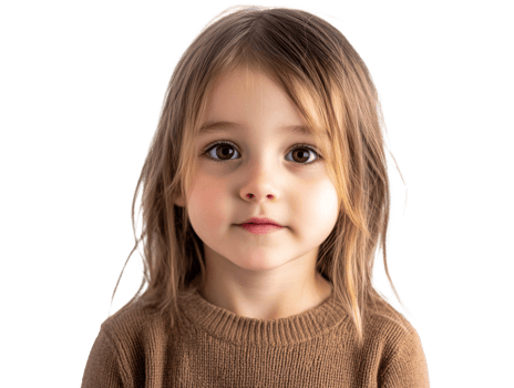 Portrait of a young child with long hair wearing a brown sweater, transparent png