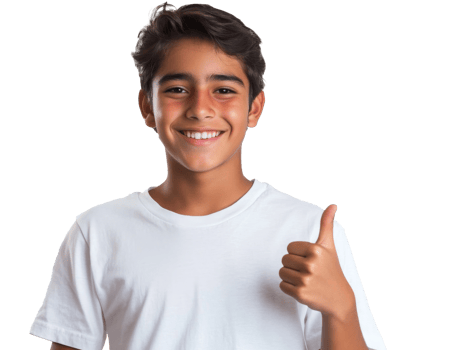 Young boy smiling and giving a thumbs up with a cheerful expression, transparent png