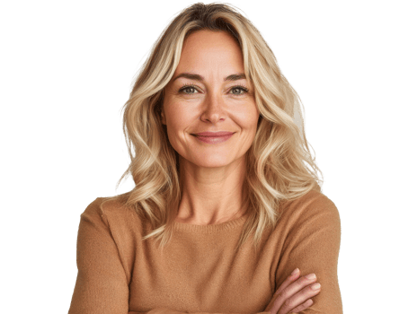 Smiling woman with blonde hair wearing a cozy sweater at home, transparent png