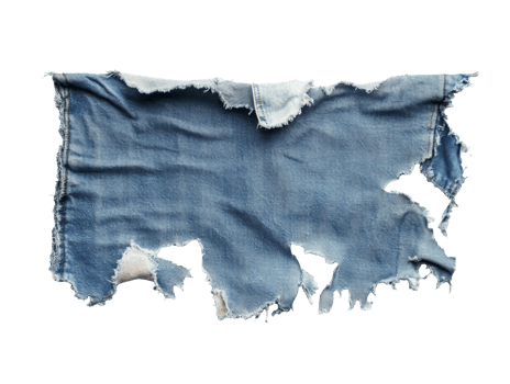 Torn piece of denim fabric laying on a white background, transparent png