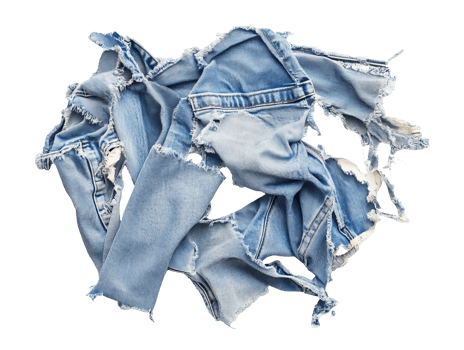 Wrinkled pieces of torn denim fabric on a white background, transparent png