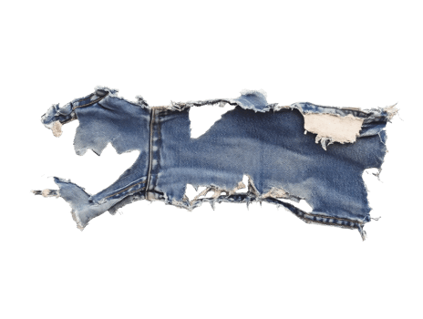 Torn denim fabric piece on a white background showcasing texture, transparent png
