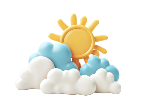Bright sun shining behind fluffy clouds in a playful design, transparent png