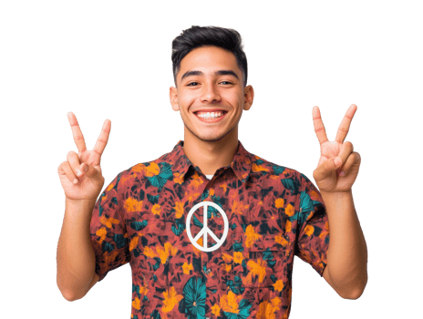 Young man showing peace signs in vibrant floral shirt indoors, transparent png
