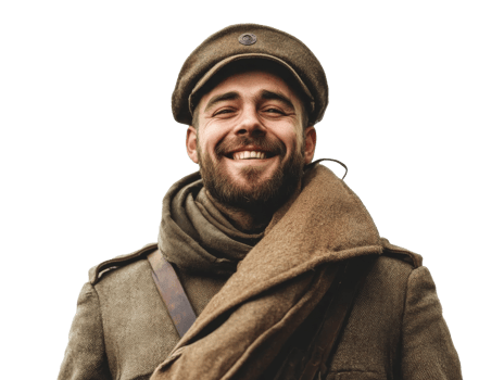 Smiling soldier in vintage military uniform during a sunny day, transparent png