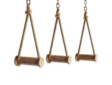 Three wooden swings hanging from sturdy ropes in a playground setting, transparent png