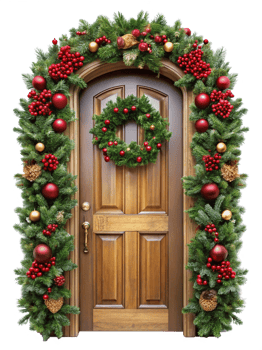 Christmas-Themed Front Door with Garland and Wreath png