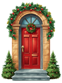 Charming Christmas Door with Garland and Wreath png