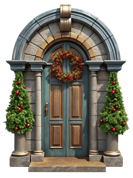 Front Door with Christmas Wreath and Garland png