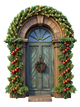 Christmas-Themed Door with Garland and Wreath png