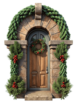 Beautiful Christmas Door with Garland and Wreath png