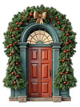 Christmas Door Decoration with Wreath and Garland png