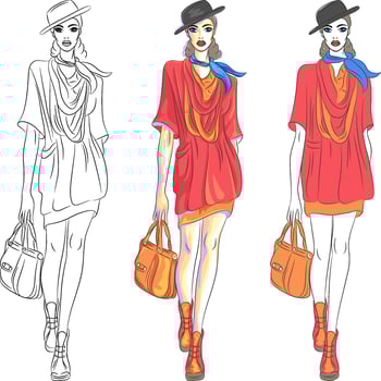 beautiful fashion girl top model in hat and with bag vector
