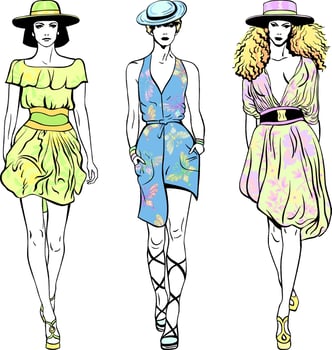 set fashion top models in summer dresses and hats vector