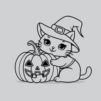 Minimal line art Cute cat with a witch hat hugging a Halloween pumpkin, kawaii Cat vector