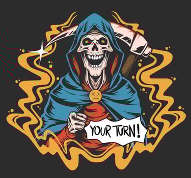 grim reaper is pointing forward with the slogan your turn. illustration for clothing merchandise t shirt vector