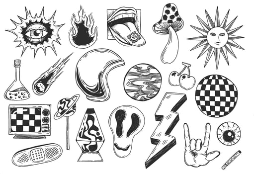 set of groovy hand drawn scribble elements for grunge flash tattoo inspiration, illustration vector