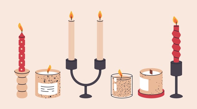 Christmas candles decorations. Burning candles, winter holidays scented wax candles flat illustration. Hand drawn candles vector