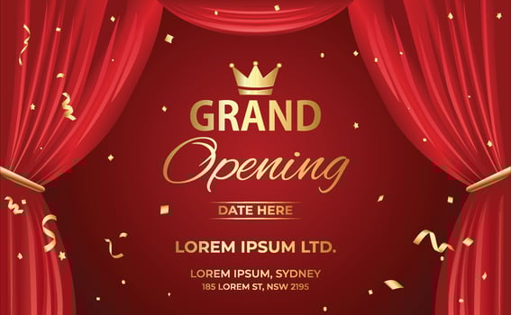 Luxury Grand Opening Banner with Golden Confetti and Red Stage Curtain vector