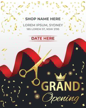 Luxury Grand Opening Banner with Red Ribbon and Confetti Background vector