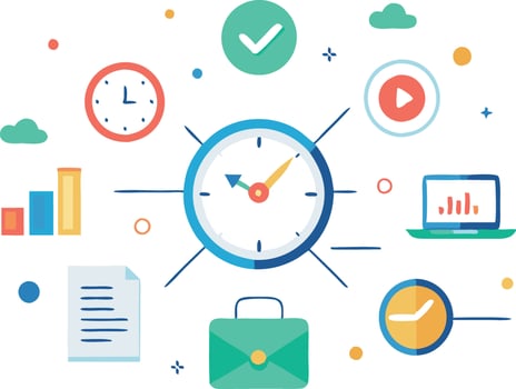 Time management concept with various icons representing productivity, business tasks, and efficiency in a flat illustration vector