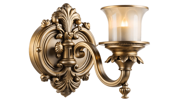 Elegant brass wall sconce with glass shade in classic design, cut out transparent png