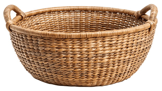 Handwoven wicker basket with handles perfect for storage and decor, cut out transparent png