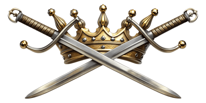 Crossed swords and a crown symbolizing power and nobility in battle, cut out transparent png